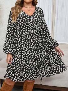 SHEIN LUNE Plus Size Fall Outfits Ditsy Print Lantern Sleeve Ruffle Hem Smock Dress For Fall Fall Women Clothes Fall Wedding Guest Dress Business Casual Woman Work Dress Business Dress