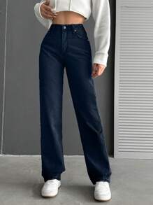 RueChic Women's Low-Rise Button-Fly Straight-Leg Jeans With Pockets And Zipper, Versatile For Casual Daily Wear - Dark Wash - View 6