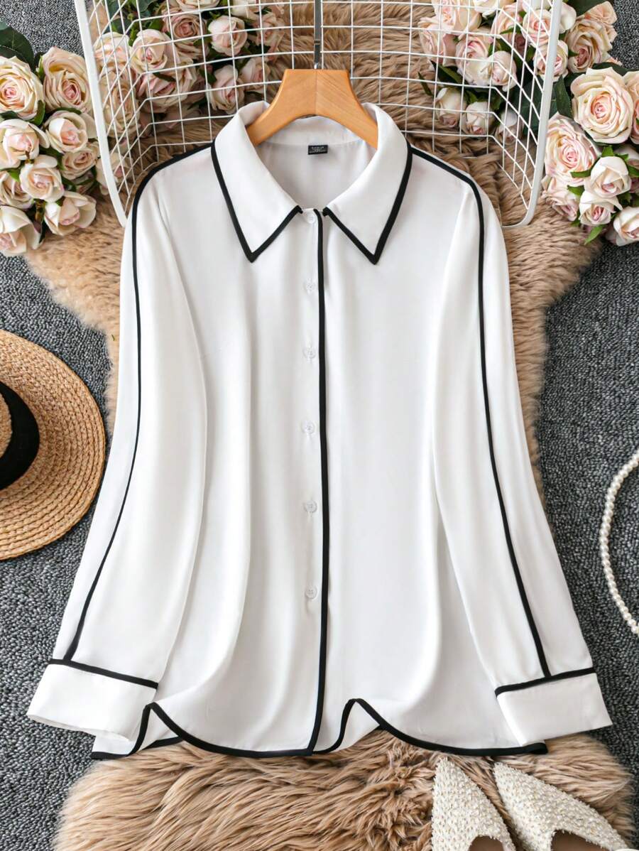 SHEIN Clasi Plus Size Spring/Autumn Casual Color Contrast Inlay Shirt - White - View 1