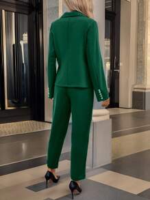 SHEIN Clasi 女士纖身合身西裝，配有扣環閉合的腰部和長褲套裝 - 軍綠色 - 查看 2