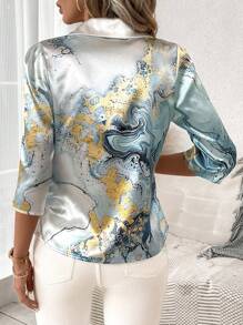 Ellevyn 女士夏季大理石印花水紋連衣裙，3/4袖扣衫 - 彩色 - 查看 2