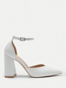 CUCCOO BIZCHIC Fashionable White V-Cut Pointed Toe Chunky Heel Ankle Strap High Heel Shoes For Women, Suitable For Office, Dating, Parties And Weddings Spring Shoes Spring Break Easter For Christmas Spring Shoes - White - View 2