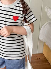 SHEIN Young Girl Heart Embroidery Stripe Tee