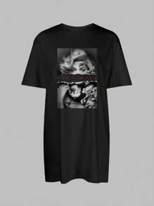 Slaydiva Lässiges Damen Minikleid mit Rosen- und Buchstabenmuster, locker geschnitten mit Rundhalsausschnitt und Kurzarm, enthält Baumwolle, geeignet für den Sommer