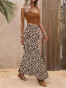 Breezaya Bộ đồ hai mảnh nữ phong cách đi nghỉ thanh lịch với váy dài da báo xẻ cao - Màu Khaki - Xem 5