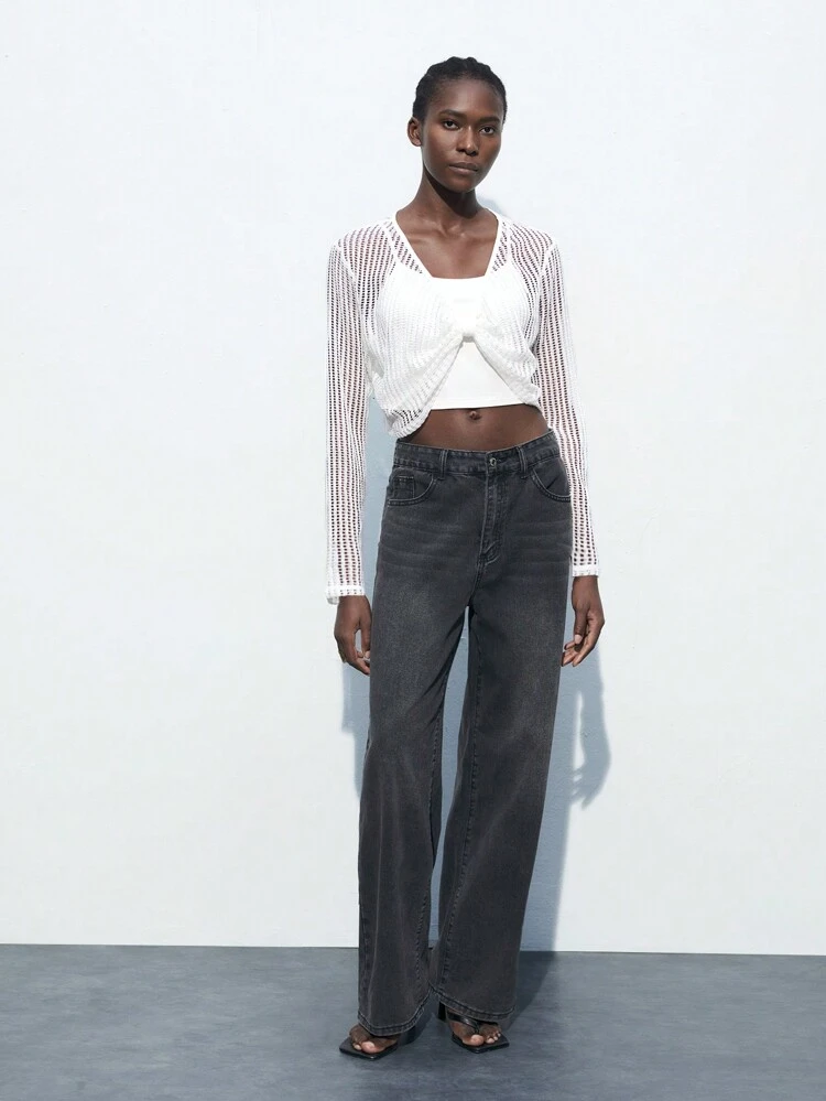 SHEIN Maija 2 pièces Débardeur uni de style campagnard et top court à manches longues avec décoration torsadée en maille pour femmes