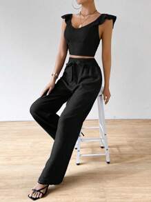 SHEIN Clasi Bộ áo crop top cổ chữ V màu trơn viền ren và quần dài có cà vạt phía trước - màu đen - Xem 5