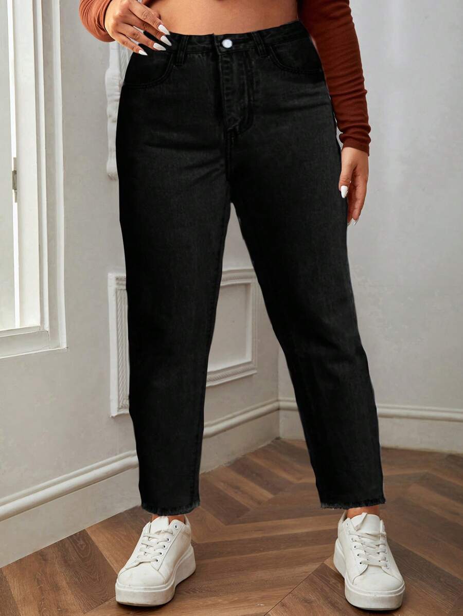 Plus Size Women's Cone-Shaped Casual Jeans With Hem Insert Pockets And Frayed Hem - Black - View 1