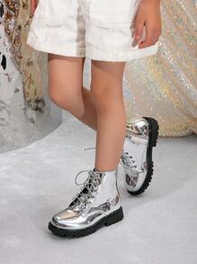 1 双时尚金属镜面条侧拉链摩托车短靴 - 銀色 - 查看 5