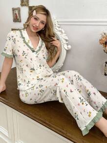 CottageSlumber Women's Plant Printed Top & Pants Pajama Set Holiday Season - Apricot - View 3