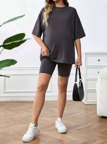 SHEIN Bộ đồ thông thường dành cho bà bầu 2 cái/bộ Áo màu xám & Quần lưng thun có thể điều chỉnh dành cho phụ nữ mang thai - Màu xám đen - Xem 1