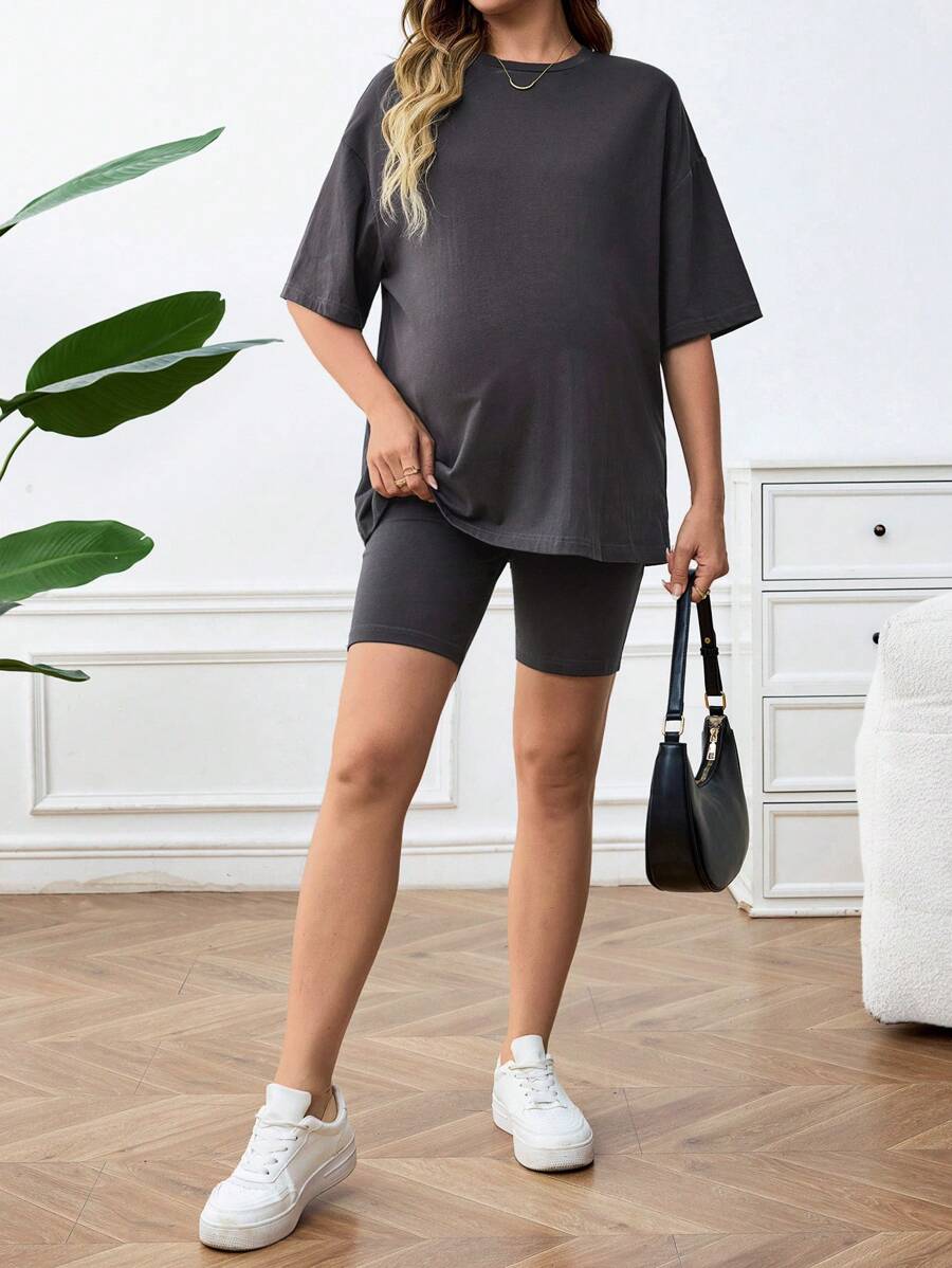 SHEIN Bộ đồ thông thường dành cho bà bầu 2 cái/bộ Áo màu xám & Quần lưng thun có thể điều chỉnh dành cho phụ nữ mang thai - Màu xám đen - Xem 1