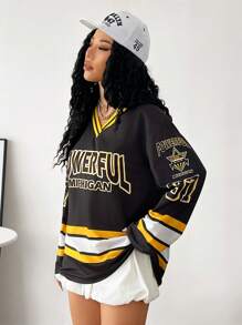 Coolane Women's  Fall/Winter Casual  Ricing Sportswear Number Graphics  Black Over Size  Long Sleeve  Jersey T Shirt