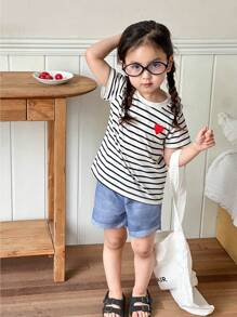 SHEIN Young Girl Heart Embroidery Stripe Tee