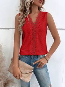 Women's Summer Solid Color Contrast Lace V-Neck Casual Tank Top - Red - View 1