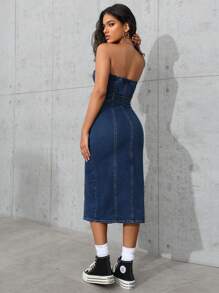 SHEIN PETITE 纯色拉链牛仔露肩连衣裙 - 藍色 - 查看 3