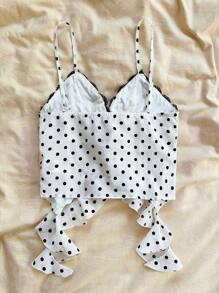 Soleia 女式蝴蝶结前开式不对称荷叶边蕾丝拼布白色背景黑色波尔卡圆点波西米亚风夏季海滩音乐节吊带背心 - 黑與白 - 查看 2