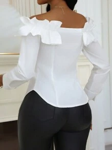 Zolique 春夏休闲纯色荷叶边荷叶边衬衫 - 白色 - 查看 2