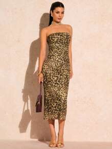 Glamine Women's Summer Fashion Leopard Print Ruched Bodycon Strapless Dress - Khaki - View 1