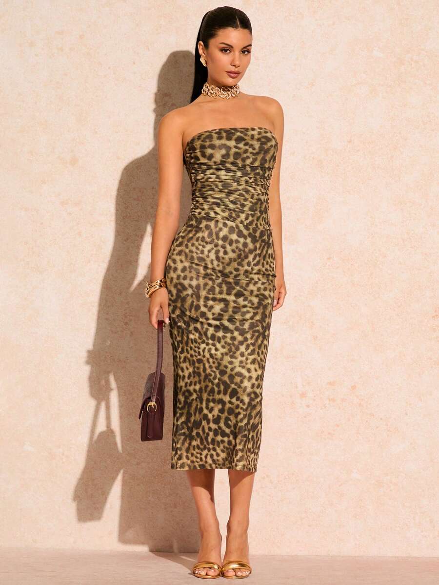 Glamine Women's Summer Fashion Leopard Print Ruched Bodycon Strapless Dress - Khaki - View 1