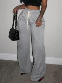 INAWLY Solva Quần short ống rộng có dây rút màu trơn thường ngày cho nữ - Xám - Xem 2