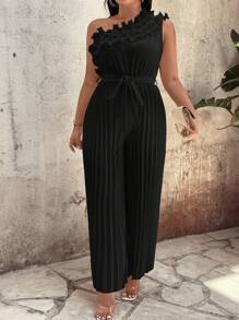 SHEIN LUNE Plus Size Holiday Casual Màu trơn Một vai Ruffle Jumpsuit - màu đen - Xem 6