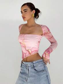 Aloruh Women's Marble Printed Swan Neck Long Sleeve Asymmetrical Hem T-Shirt Long Sleeve Top - Multicolor - View 4