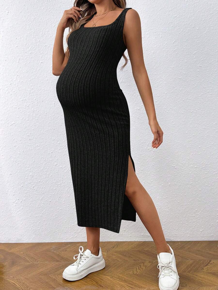SHEIN Maternity Casual Ribbed Slit Tank Midi Dress Summer - Black - View 1