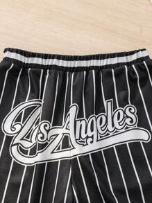 SHEIN Pantalones cortos deportivos sueltos y casuales para adolescentes con estampado de números en inglés, patrón tejido a rayas, adecuados para baloncesto, correr, estar en casa y combinar con todo - Negro - Ver 5