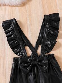 Tween Girls' Spring Autumn Casual Long Sleeve Knitted Top With PU Leather Shoulder Straps And Ruffle Edge Jumpsuit - Black - View 7