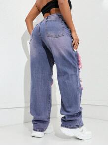 Mid-Rise Casual Basic Blue Breathable Women's Jeans, Spring/Summer Pink - Pink - View 3