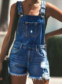 Quần yếm denim rách gấu dành cho nữ - Quần yếm rách dáng casual mùa hè - Rửa tối - Xem 2