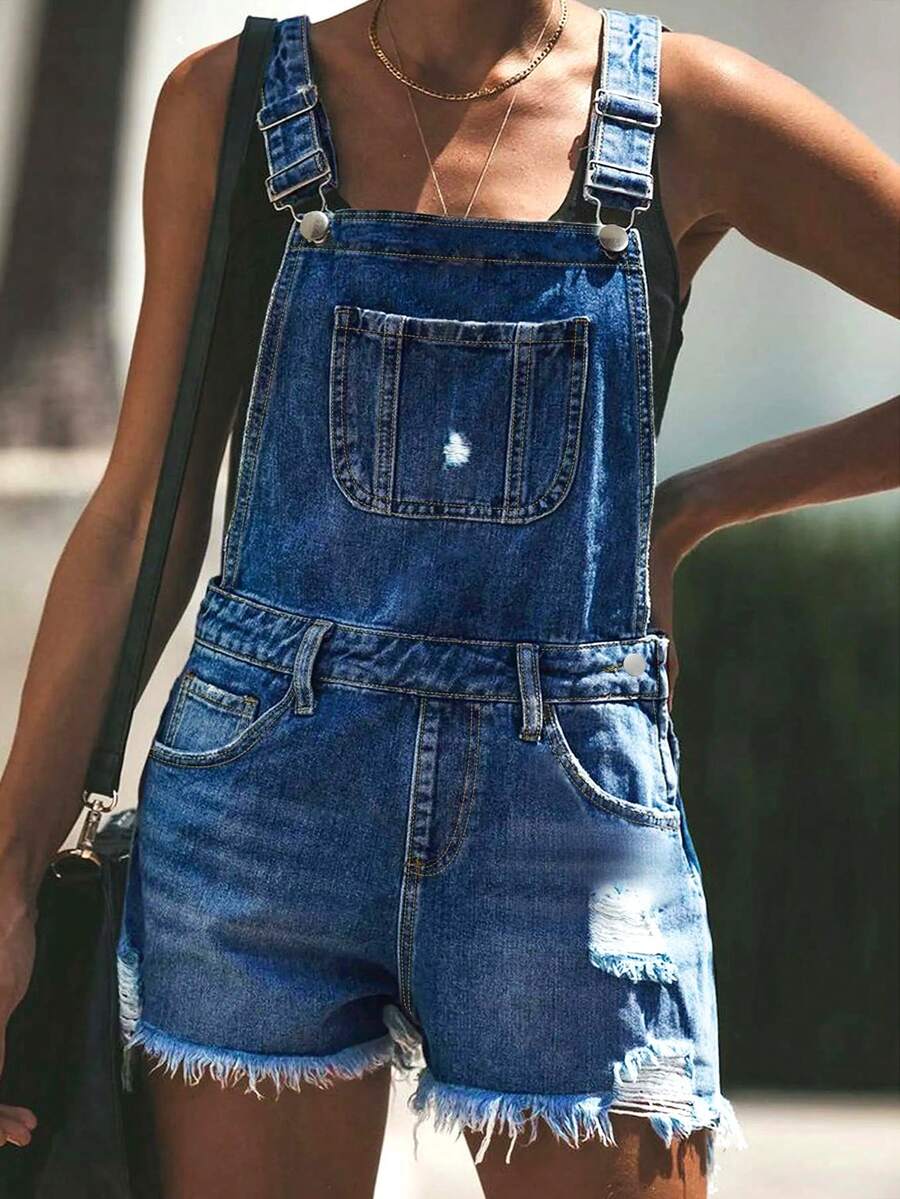 Quần yếm denim rách gấu dành cho nữ - Quần yếm rách dáng casual mùa hè