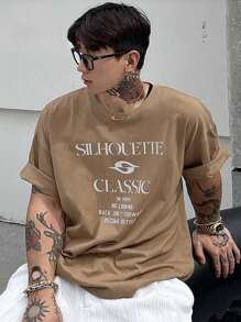 DAZY 男士夏季标语印花圆领短袖休闲T恤，图案T恤 - 卡其色 - 查看 5