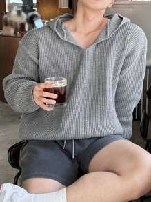 DAZY 男士纯色灰色毛衣连帽衫，秋季 - 灰色 - 查看 3