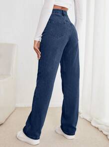 RueChic Jeans rectos de ajuste holgado y casual con bolsillos para dama - Azul lavado medio - Ver 2