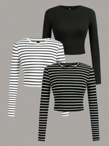 SHEIN EZwear 3入組簡單款圓領修身女長袖短T恤，休閑風格 - 彩色 - 查看 1