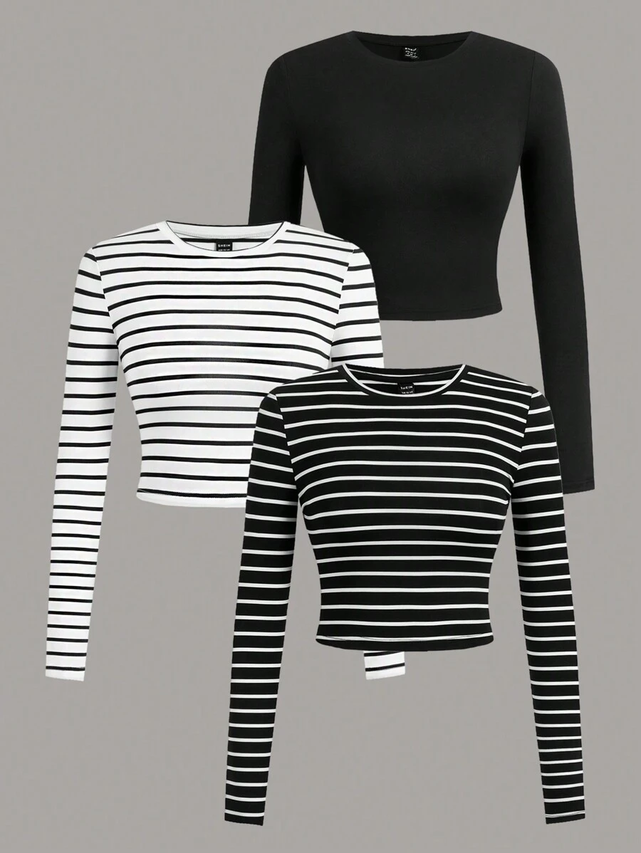 SHEIN EZwear 3入組簡單款圓領修身女長袖短T恤，休閑風格 - 彩色 - 查看 1