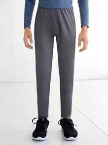 SHEIN Sporty Gray Yoga Pants For Tween Boys, Elastic, Comfortable, Breathable And Sweat-Absorbing With Fashionable Knot, Suitable For Training, Running And Cycling