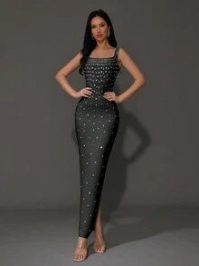 Modphy New Arrival Women's Luxury Diamond Embellished Sleeveless Plunging Square Neck Bodycon Maxi Formal Wedding Evening Gown