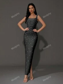 Modphy New Arrival Women's Luxury Diamond Embellished Sleeveless Plunging Square Neck Bodycon Maxi Formal Wedding Evening Gown