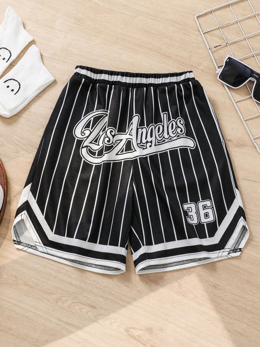 SHEIN Pantalones cortos deportivos sueltos y casuales para adolescentes con estampado de números en inglés, patrón tejido a rayas, adecuados para baloncesto, correr, estar en casa y combinar con todo - Negro - Ver 1