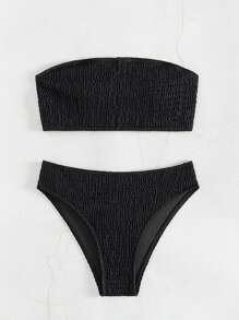 SHEIN Swim Women's Solid Color Bandeau Bikini Set, Summer Beachwear - Black - View 5