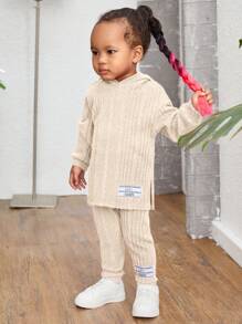 SHEIN Bộ quần và áo có mũ trùm đầu màu hồng dệt kim thông thường cho bé gái - Màu be - Xem 5