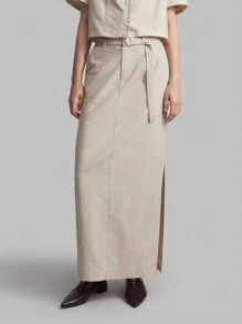 Ontre Women Solid Color Side Slit Faux Pocket Minimalist A-Line Skirt, Casual Linen - Apricot - View 1