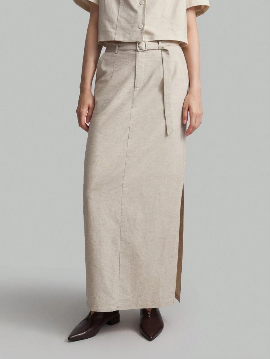 Ontre Women Solid Color Side Slit Faux Pocket Minimalist A-Line Skirt, Casual Linen - Apricot - View 1