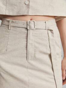 Ontre Women Solid Color Side Slit Faux Pocket Minimalist A-Line Skirt, Casual Linen - Apricot - View 6