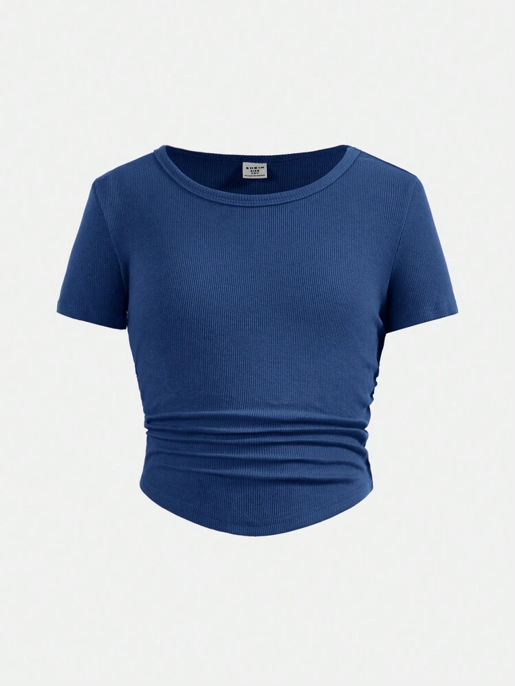 SHEIN 10代の女の子用 夏カジュアル ソリッド ブルー リブ編み Tシャツ 