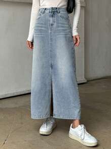 DAZY 女士纯色牛仔裙，带口袋，开衩至大腿 - 淺色水洗藍 - 查看 1