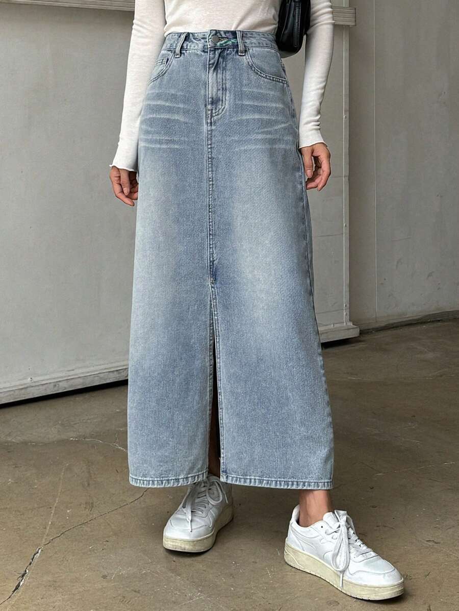 DAZY 女士纯色牛仔裙，带口袋，开衩至大腿 - 淺色水洗藍 - 查看 1